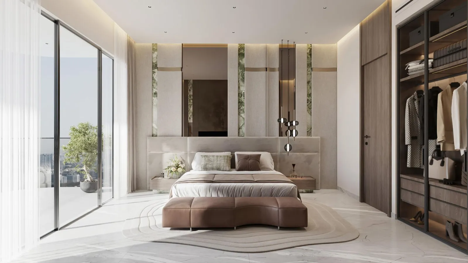 Bedroom at South Haven Samana with upholstered headboard wall, walk-in wardrobe and floor-to-ceiling glazing