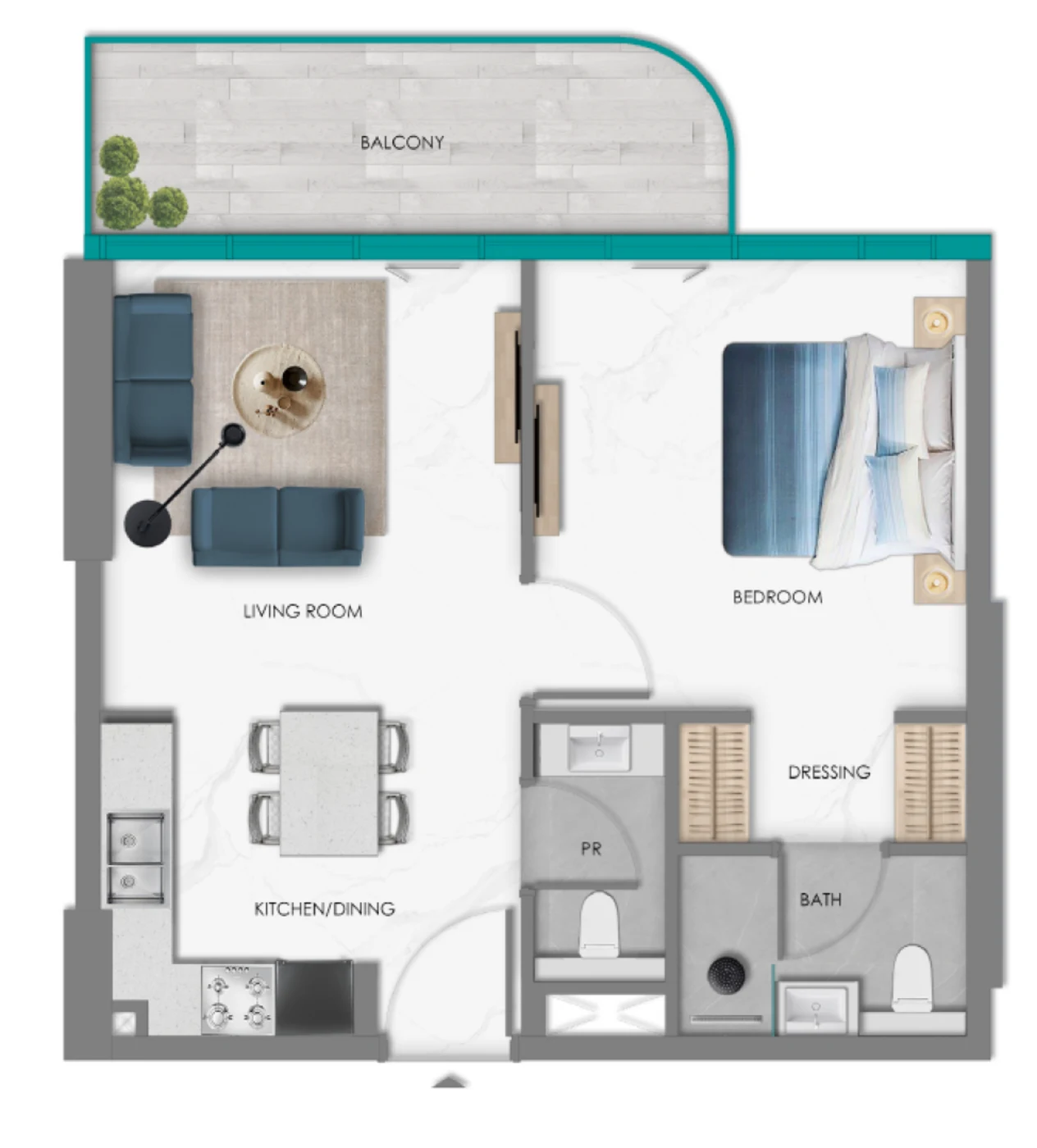 One bedroom Type 1 floor plan at South Haven Samana with living room, kitchen-dining, dressing, bathroom and powder room