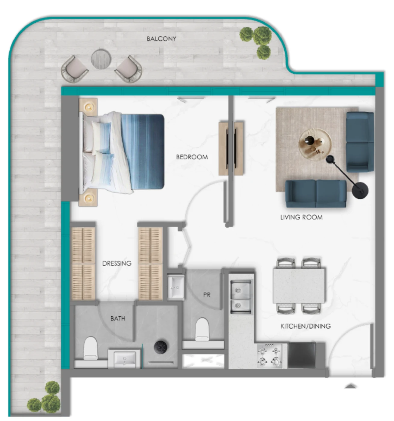 One bedroom Type 3 corner floor plan at South Haven Samana with wrap-around balcony and double dressing