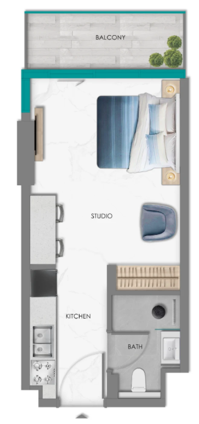 Studio floor plan at South Haven Samana showing open living area, galley kitchen, bathroom and balcony